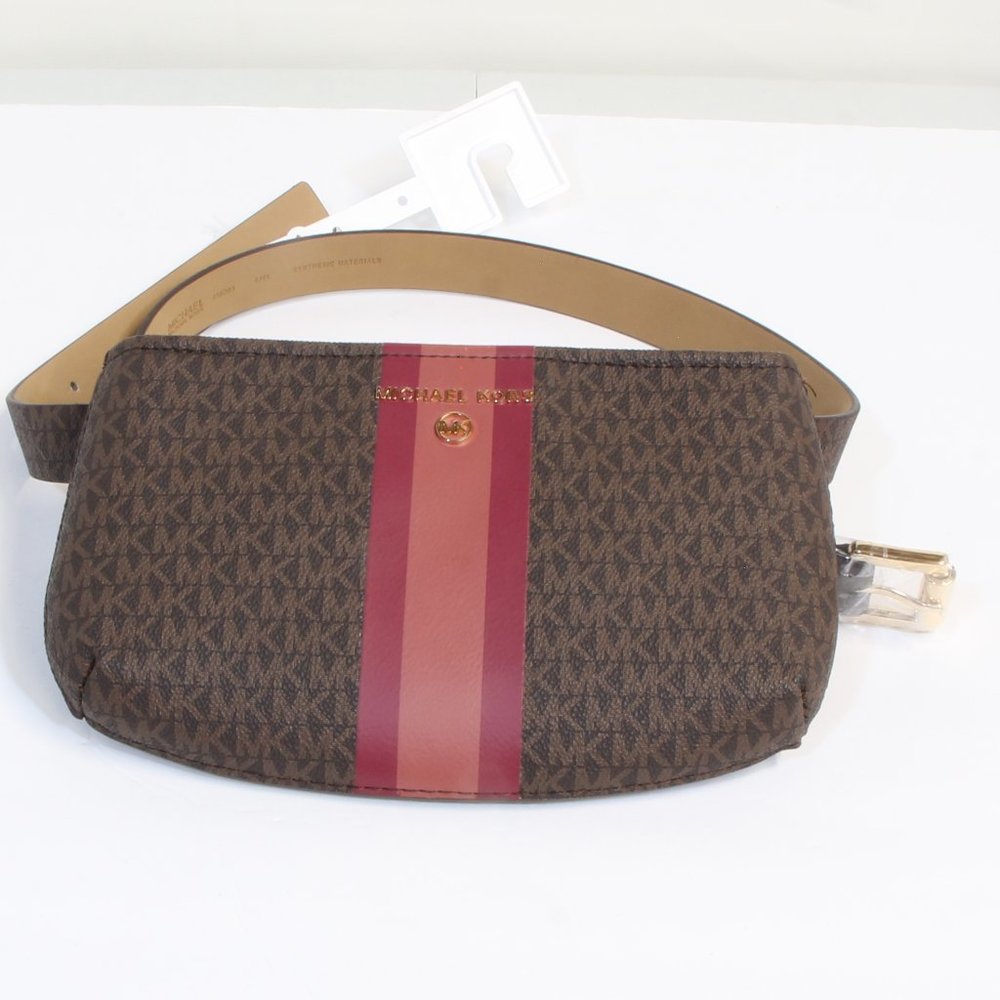 MICHAEL Michael Kors Brown Logo Center Stripe Zippered Belt Bag Fanny Pack L/XL